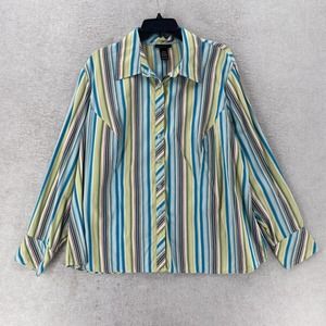 Lane Bryant Button Up Top Womens 18/20 Blue Yellow Striped‎ Long Sleeve Stretchy